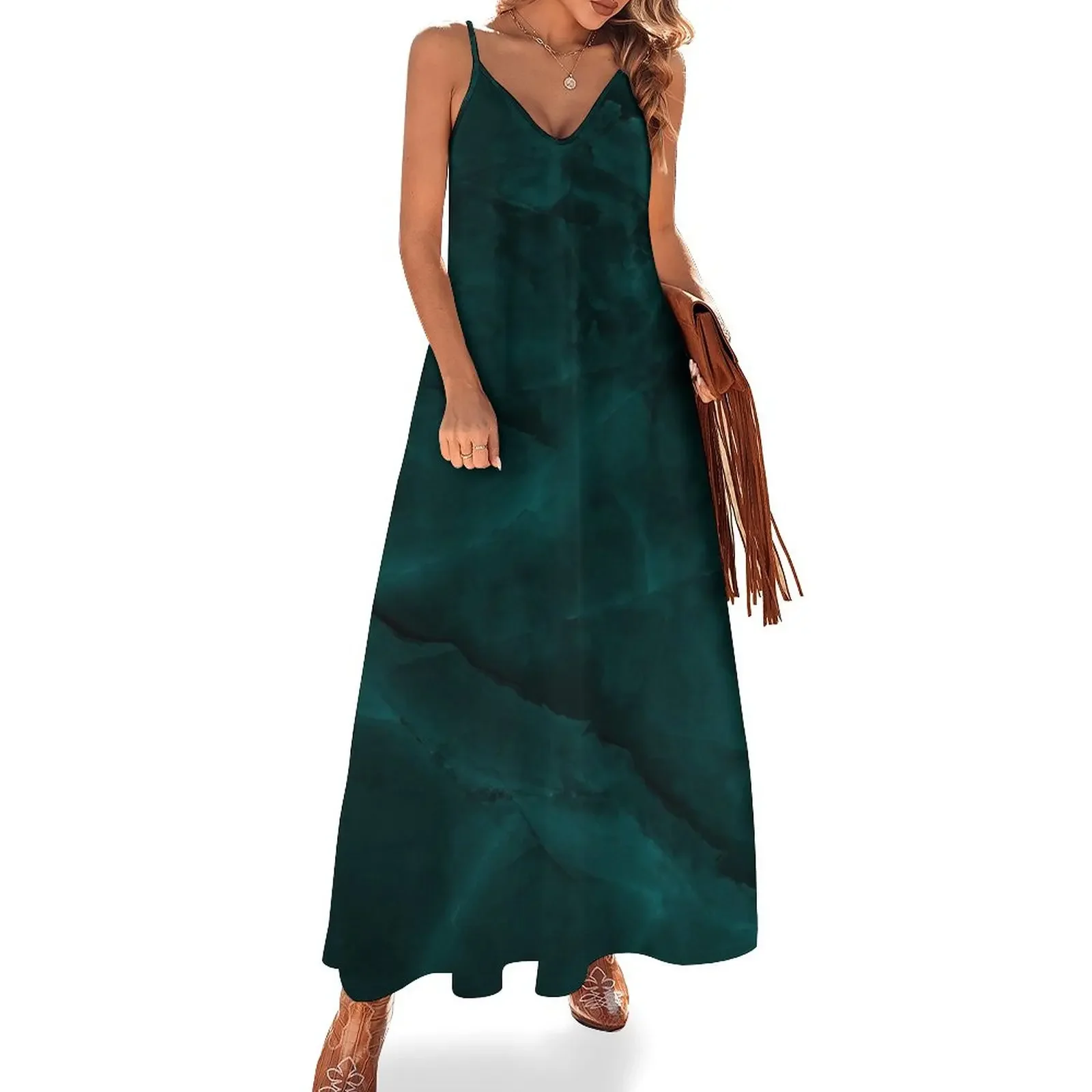 

Dark Turquoise Marble Sleeveless Dress prom dress Female dress