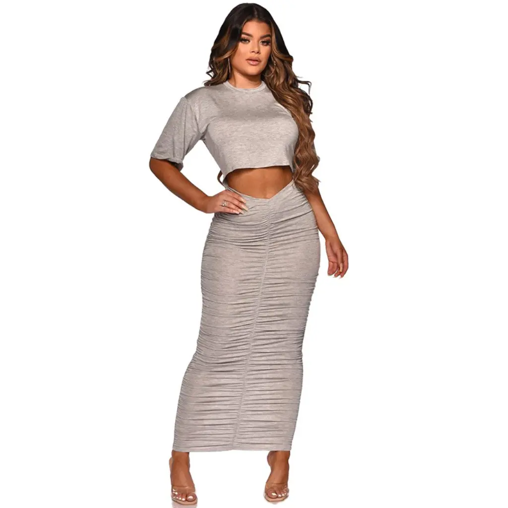 

K9926 Плиссированный однотонный костюм с юбкой, комплект в европейском и американском стиле, повседневный сексуальный комплект из двух предметов, женская мода, хит продаж