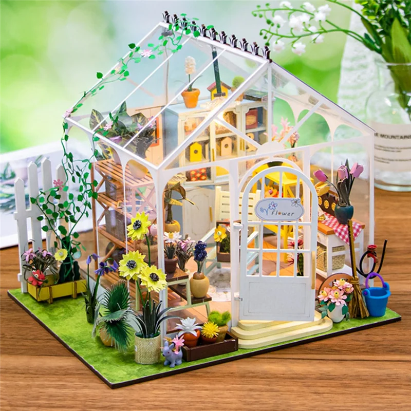 WOTT-DIY Garden House Book Nook Shelf Insert Miniature Building Kits Wooden House Flower Garden Room Bookshelf