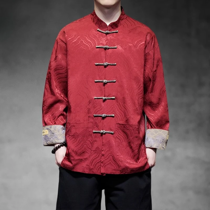 

Juspinice красная рубашка с длинными рукавами жаккардовый костюм Чжуншань куртка весенняя мужская одежда в китайском стиле в стиле Тан Ханфу