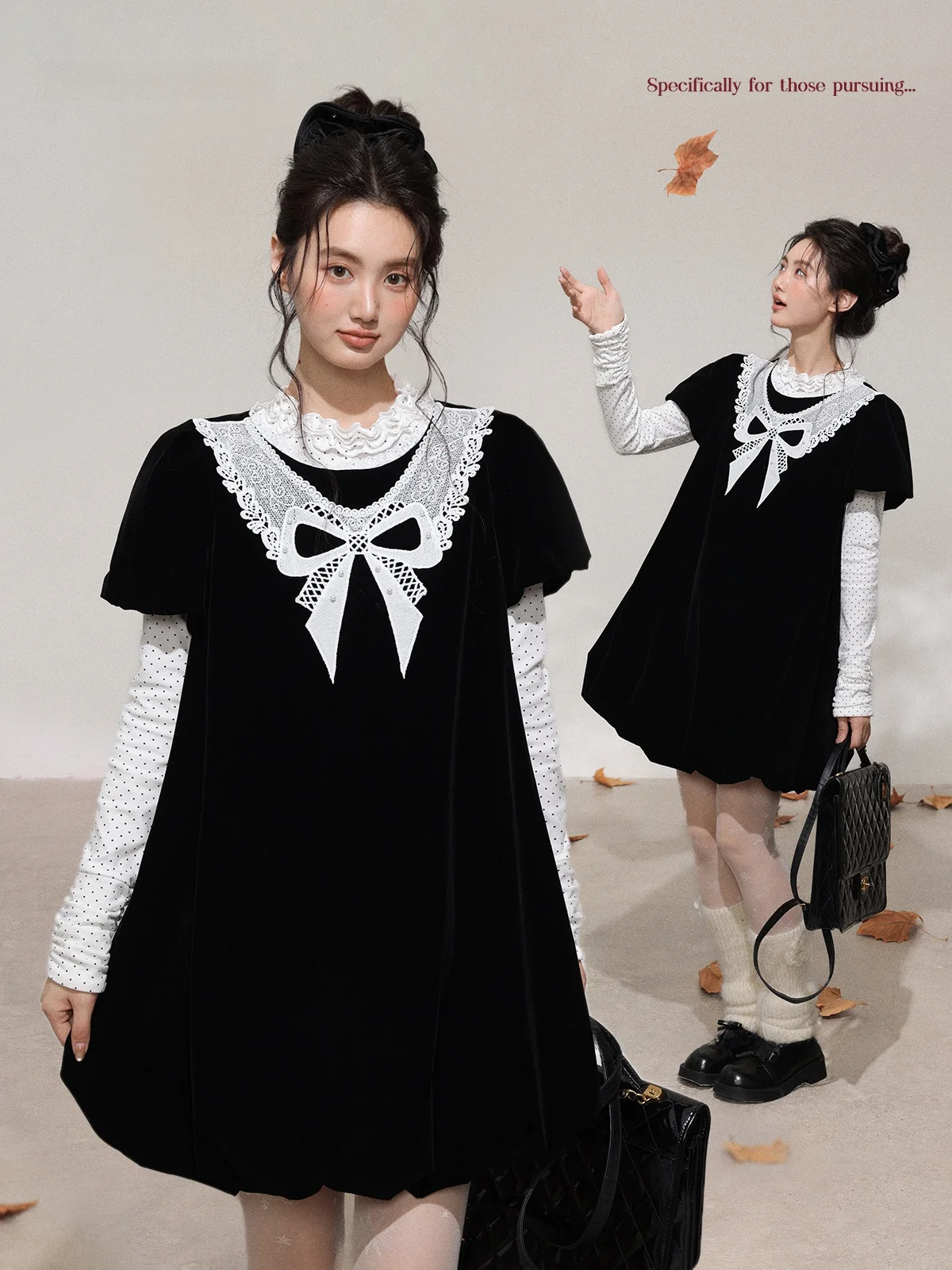 

Slimming Bla Velvet Pleated Skirt Dr Women's Spring Layering Beautiful A-Line Dr French Sle Knot ort Sl...