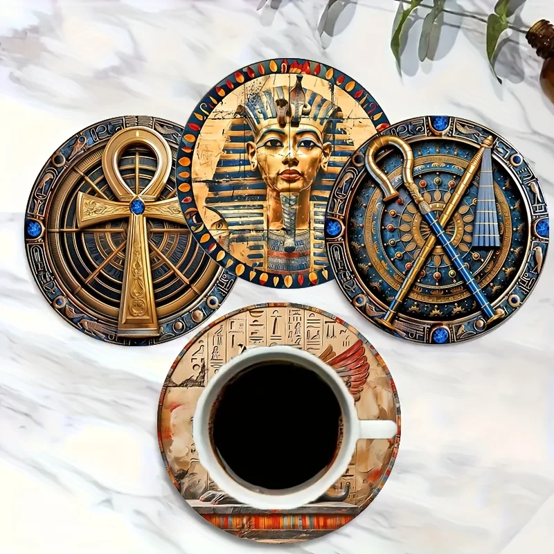 Retro Mystical Ancient Egypt Pattern 2D Wooden Coaster Desktop Protection Restaurants Bars Coffee Shops Offices Home Decor