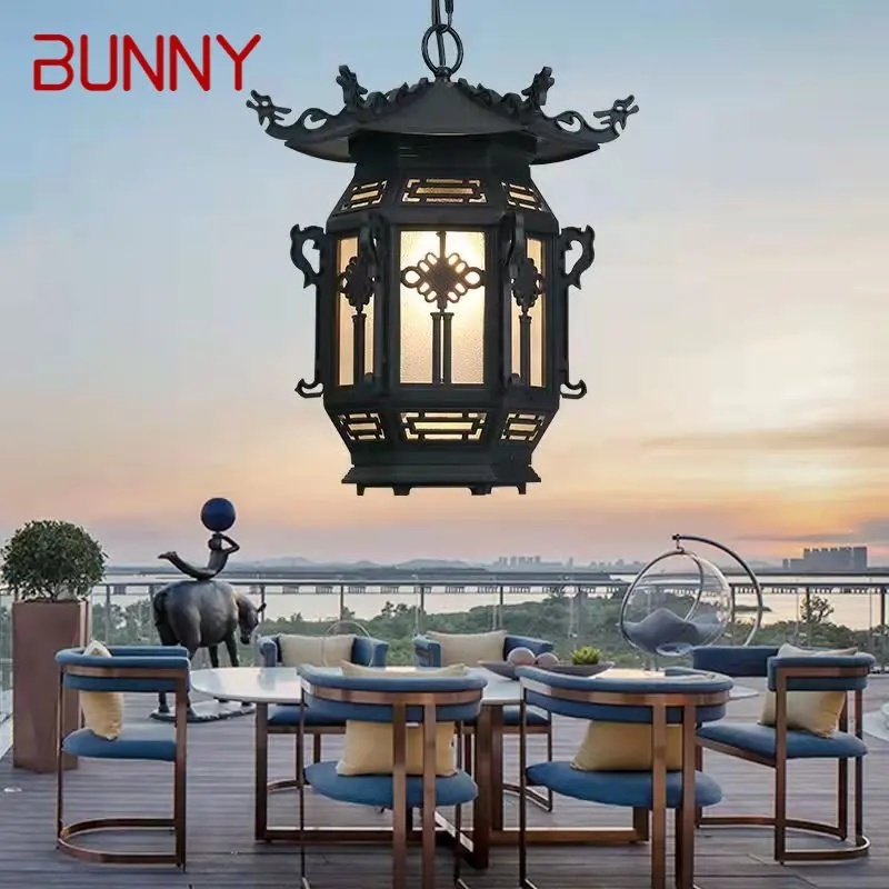 BUNNY Chinese Lantern Pendant Lamps Outdoor Waterproof LED Black Retro Chandelier for Home Hotel Corridor Decor Electricity