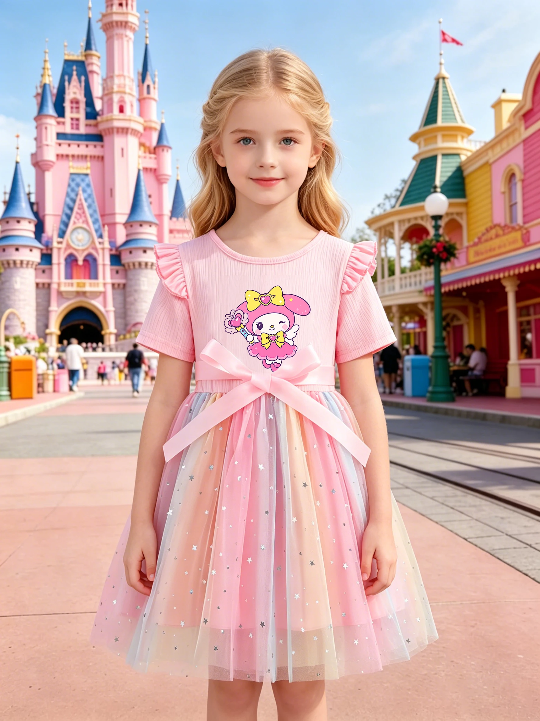 Genuine Sanrio Hello Kitty Princess Dress for Girls, Pink Butterfly Sequin Tulle Puffy Kids Dress