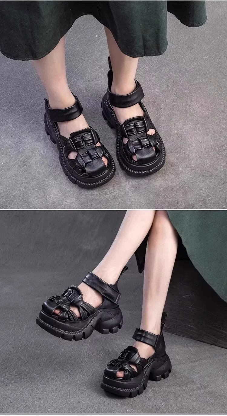 Sandalias de cuero genuino con tacón de plataforma para mujer, recién llegadas, trenzadas hechas a mano, cómodas y transpirables, novedad de verano 2025