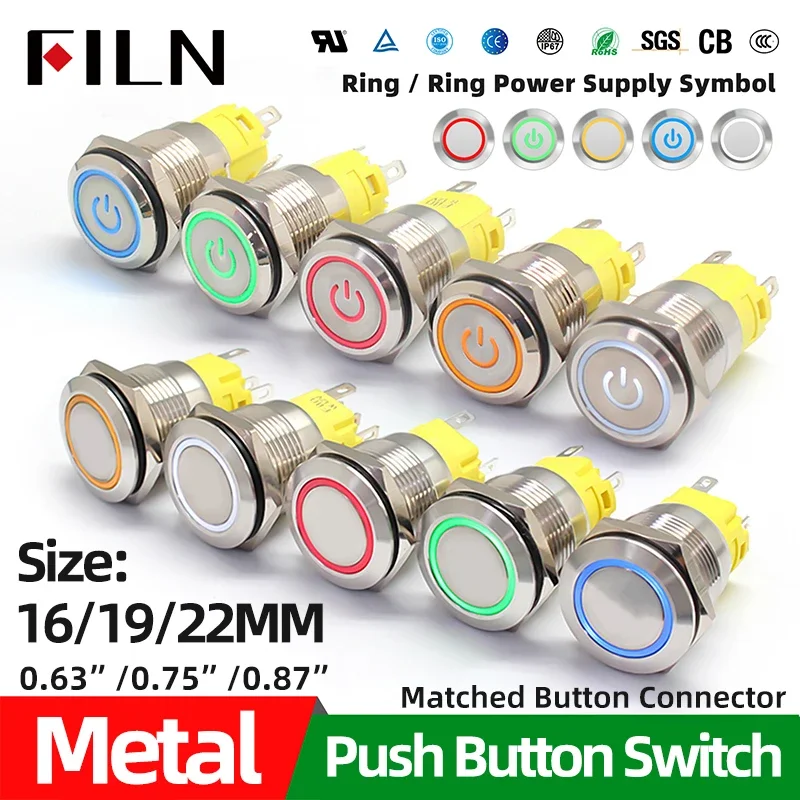 

FILN 16mm 19mm 22mm Stainless Steel Waterproof LED Indicator Metal Push Button Switch Power Symbol Start Stop Power on Off