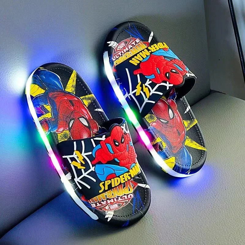 Summer Children LED Light Slippers Baby Boy Girl Cartoon Spiderman Print Kids Indoor Non-slip Soft Infant Beach Shoes Size 24-35