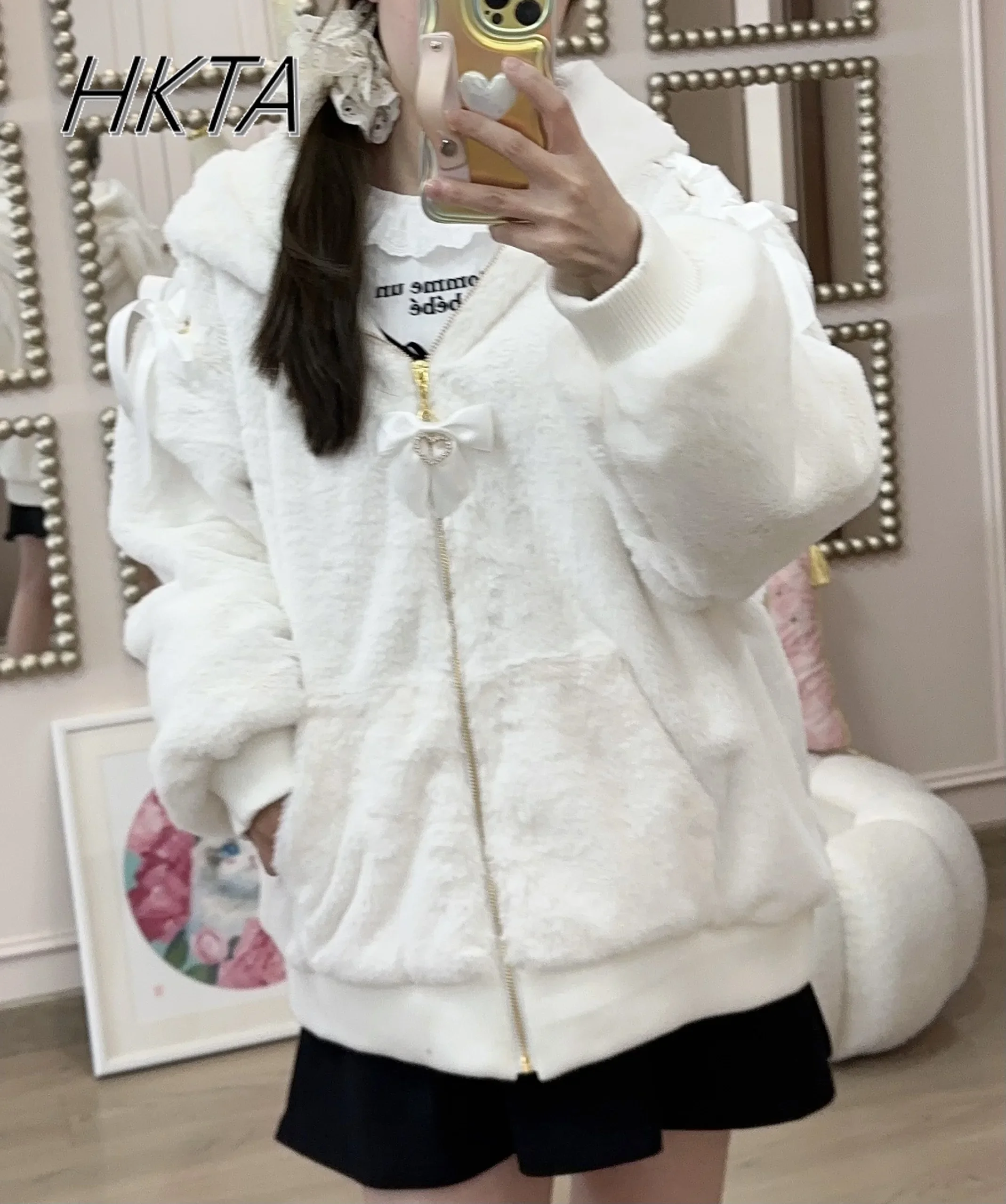 Sc Thickened Plush Jacket Cute Rabbit Ears Hooded Coats Warm Thickened Fur Coat Japanese Sweet Lace-up Bow Lolita Women Clothes