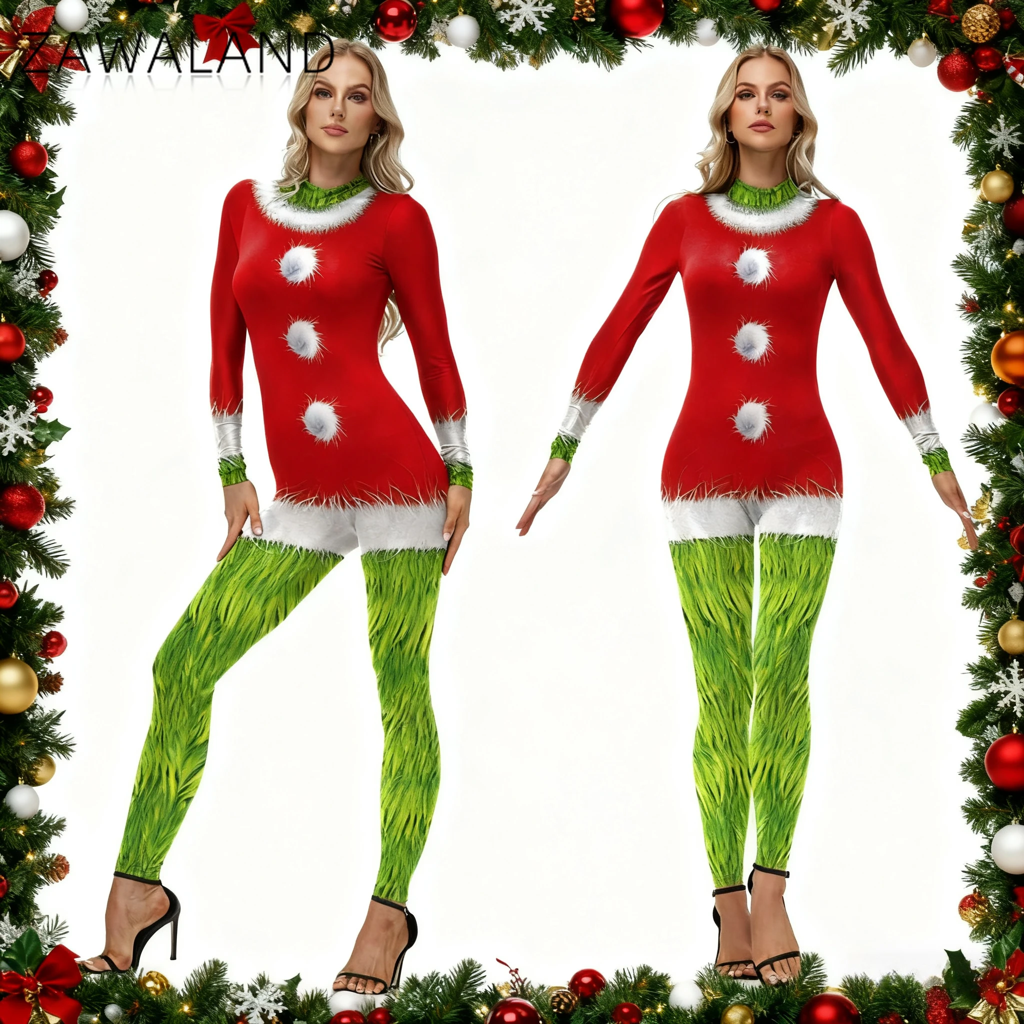 

Green Monster 3D Print Cosplay Costume Women Christmas Long Sleeve Jumpsuit Xmas Holiday Sexy Bodysuit Party Performance Outfits