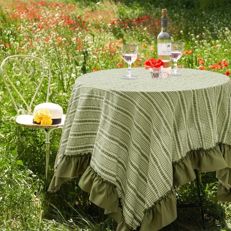 French Stripe Tablecloth Resistant Dust-Proof Table Cover for Kitchen Dinning Tables Decoration Green Outdoor Party Table Towel