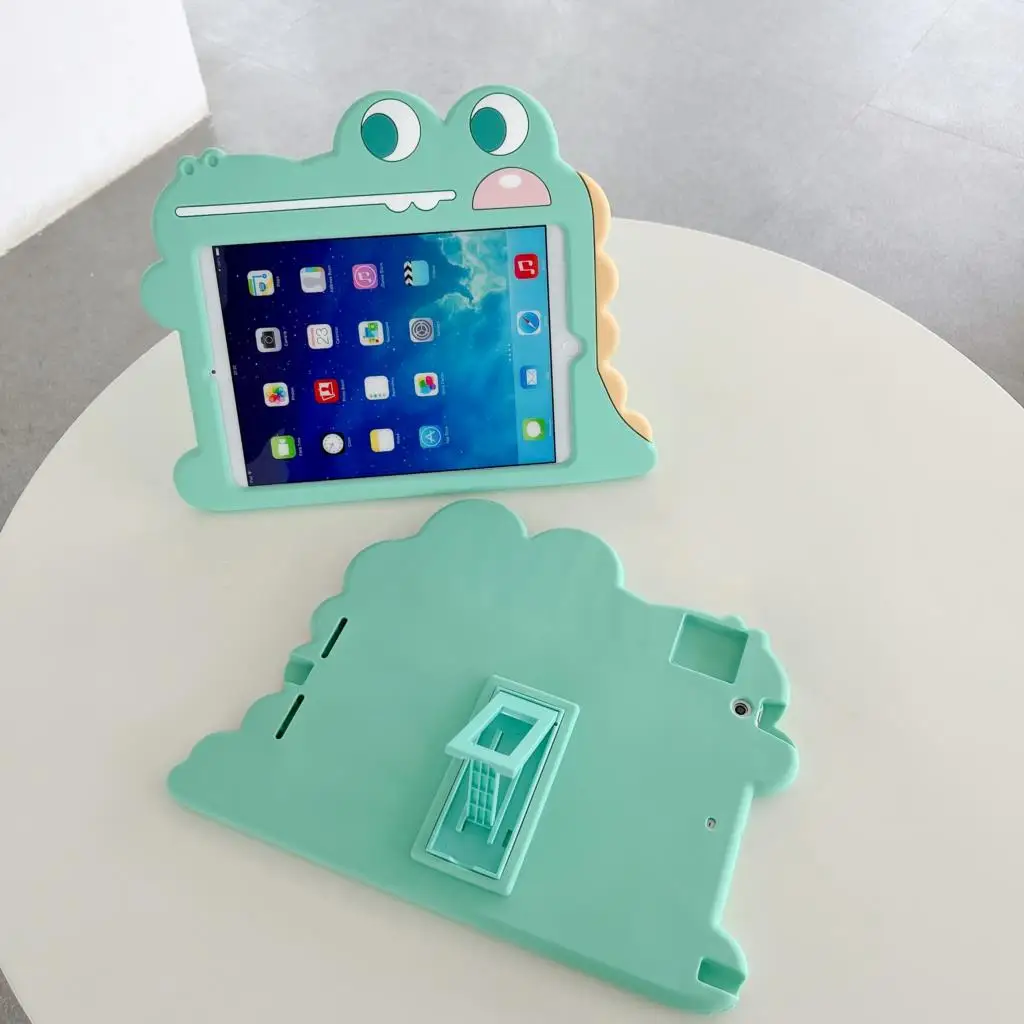 Silicon Stand Handle Case For iPad 10.2 9th 8th 7th Mini 1 2 3 4 5 Pro 9.7 Air1 2 Cute Cartoon Dinosaur Cover Stand Table Case