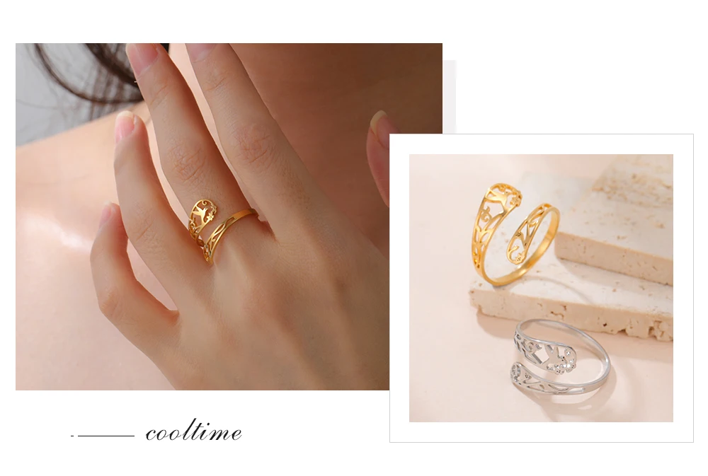 COOLTIME Blumen- und Vogel-Damenring, Edelstahl, verstellbar, modischer Blumen-Fingerring, Schmuck, Geburtstagsgeschenk – Detail 11
