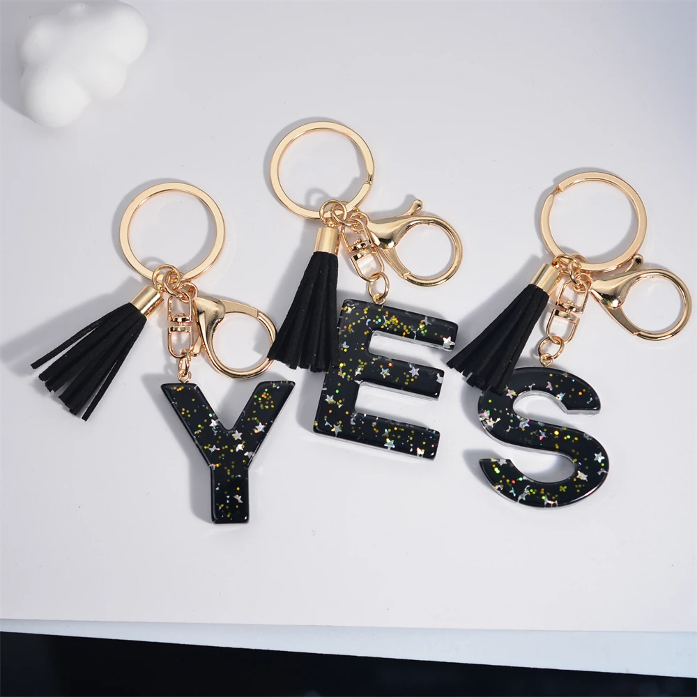 Classic Black Tassel 26Letters Keychain Multi-Colored Glitter Star Resin Keyring for Women Girls Car Handbag Phone Case Pendent