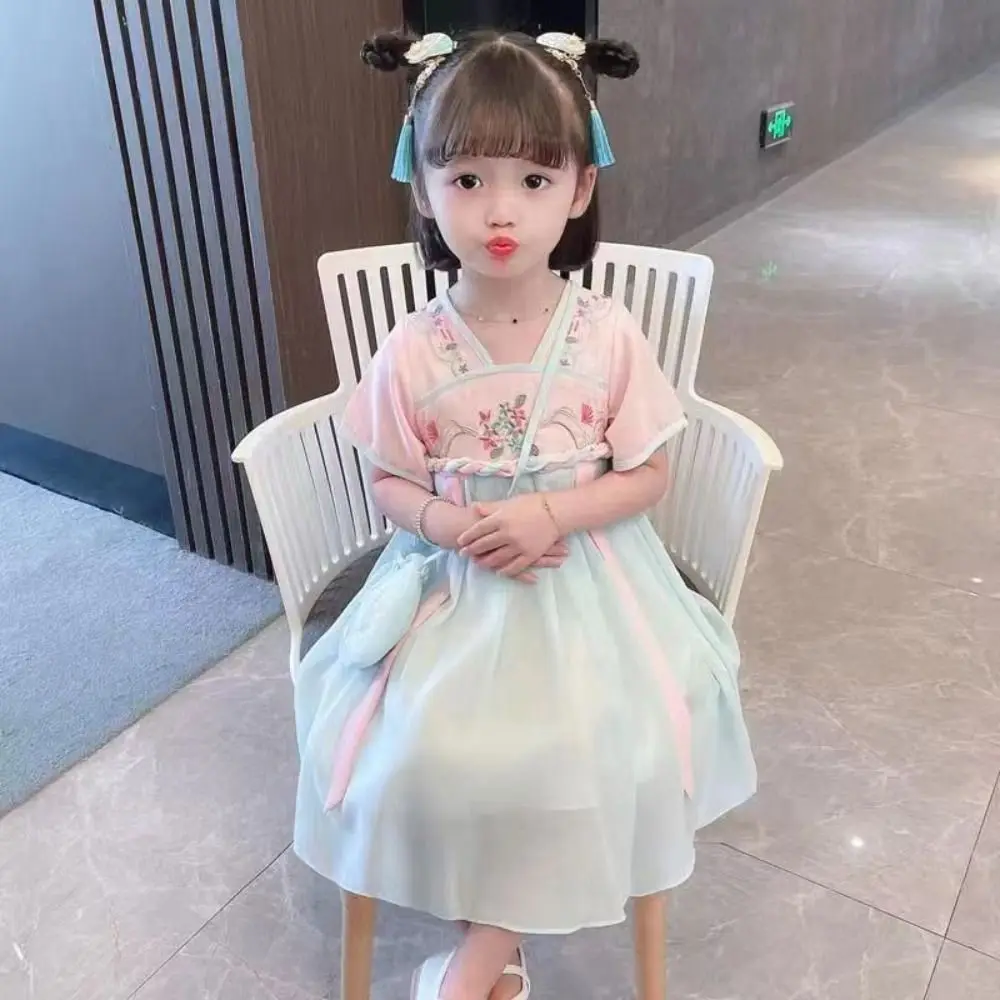 New Chinese Style Baby Girl's Dress Short Sleeve Vintage Hanfu Dress Purple Blue Children's Princess Dress Baby Girl's