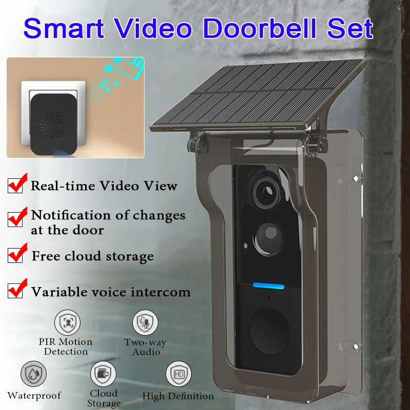 Tuya Outdoor Wireless Two-Way Intercom Video Doorbell with Solar Rain Cover IP65 Waterproof Motion Detection Peephole Door Cam