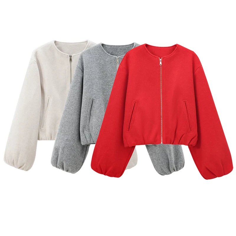 HXAO Autumn Women 2024 Women's Jackets Soft Tweed Crop Jacket Red Grey Beige Jacket Long Sleeve Oversize Outerwears Casual Coats