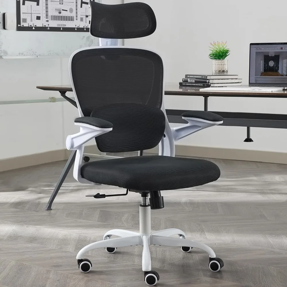 Ergonomic Office Chair With Tilt-Lock High Back Mesh Desk Chair With Adjustable Headrest Computer Armchair Black and White