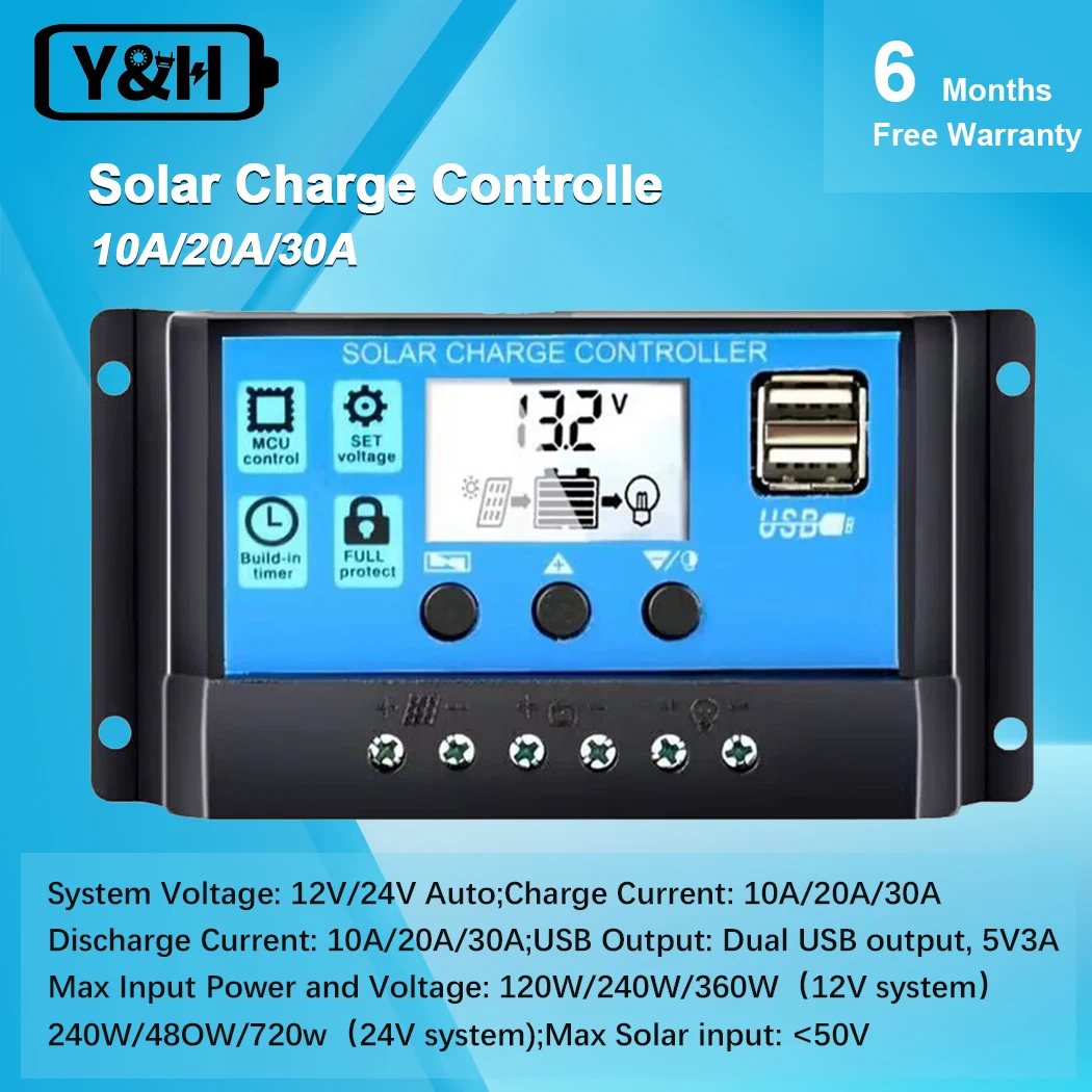 Regolatore solare 12V/24V 30A 20A 10A regolatore solare caricabatteria PWM Display LCD doppia uscita USB 5V