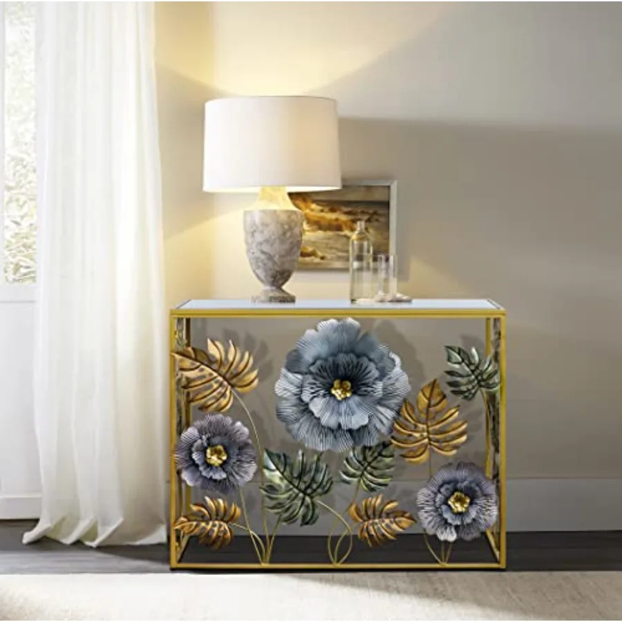 طاولة وحدة التحكم طاولة أريكة فنية عتيقة مع ديكور زهور معدنية طاولات مدخل مع مرآة زجاجية منضدية خلف أريكة rrow أ #6