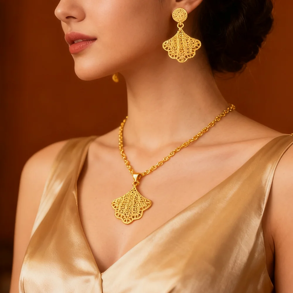 Dubai 18K Goldfarbenes Schmuckset für Damen Hochzeit Party Halskette Ohrringe Sets Indisches Schmuckset Kostenloser Versand Großhandel – Detail 14