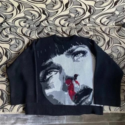 BIG PROMOTION Y2K Autumn/Winter Portrait Jacquard Women's Knitted Sweater Fashion Design Sense Small Round Neck Pullover