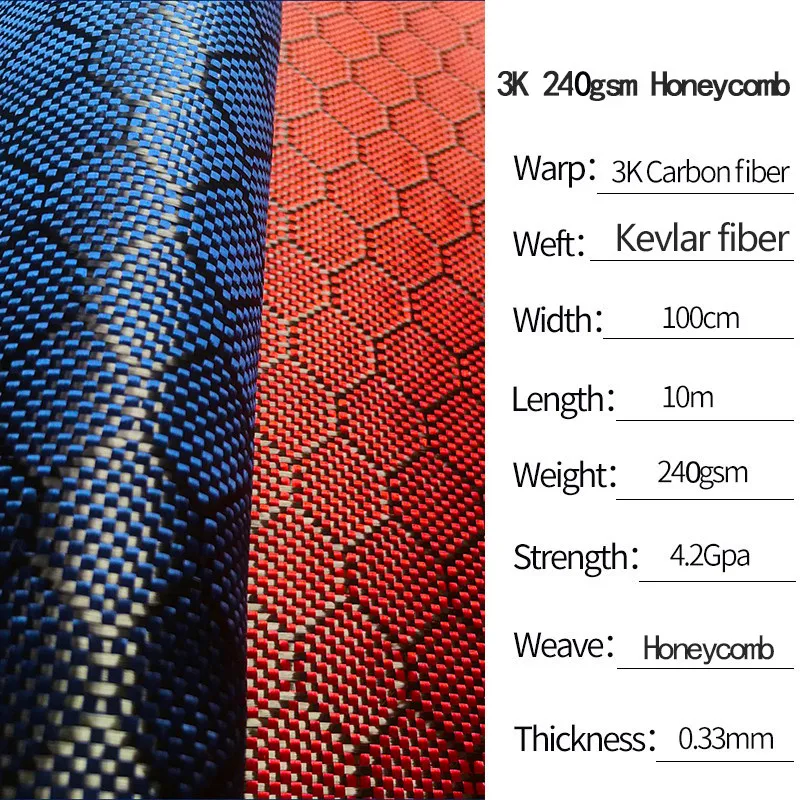 Wholesale Black Red Blue Yellow Hexagonal Honeycomb Carbon fiber Fabric & Kevlar mixed 3K 240gsm twill 40