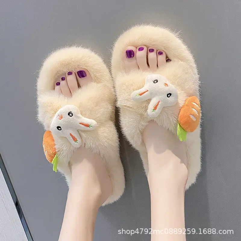 

Cute bunny cotton slippers new cartoon simple wool slippers for women to wear outside home indoor flat wool slippers