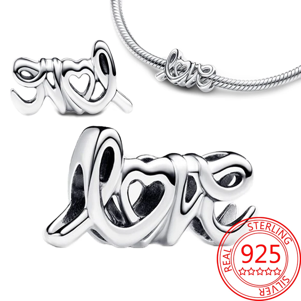 Simplicity 925 Sterling Silver Handwritten Love Charm Charm Fit DIY Bracelet Necklaces Jewelry