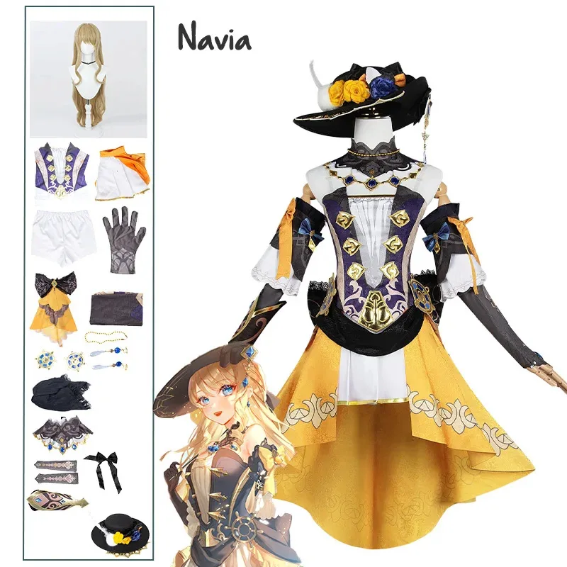 

New 2025 AA Navia Cosplay Impact Costume Wig Hat Set Women Dress Uniform Halloween Party for Girls Outfit ★★★
