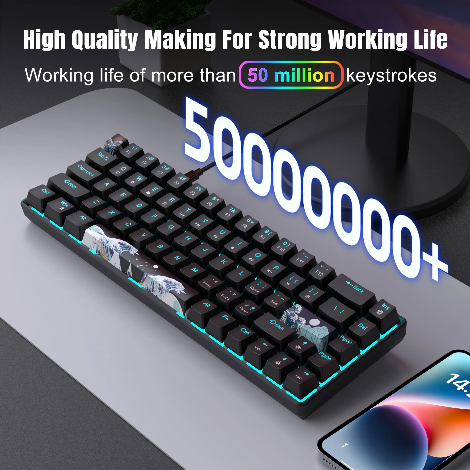60% Gaming Mechanical Keyboard Ultra Compact Mini 68 Key with Blue Switches Wired Keyboard Anti-Ghosting Keys