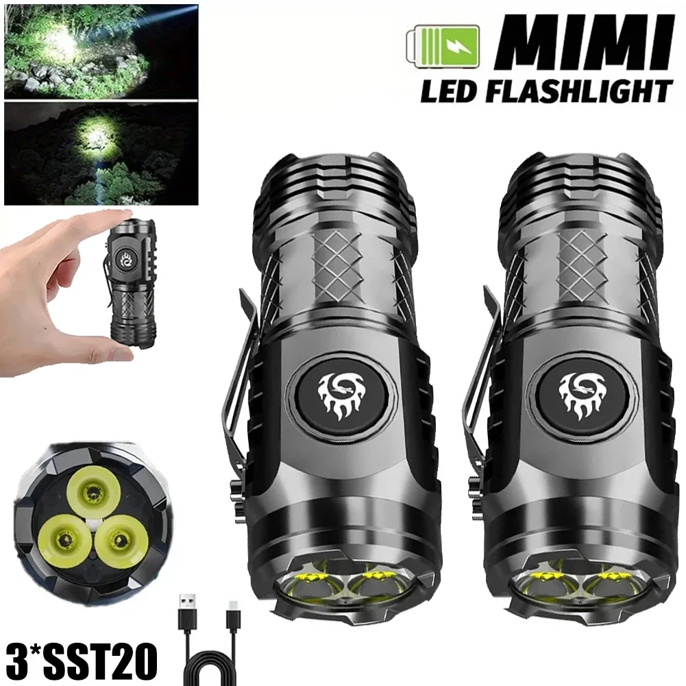 

Светодиодный фонарик высокой мощности со встроенной батареей типа C, перезаряжаемый с зажимом для ручки, уличный аварийный фонарь для кемпинга