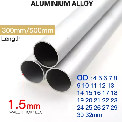 Tubo de aluminio de 1,5mm de espesor, 4-32mm OD recto, 300mm, 500mm de largo, redondo, tubo de aleación de aluminio 6063