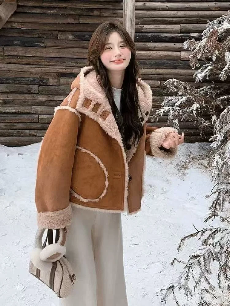 

Fashion Women Reversible Sheepskin Jacket Lapel Full Sleeve Single Breasted Loose Short Coat Lady Daily Commute Office Jackets