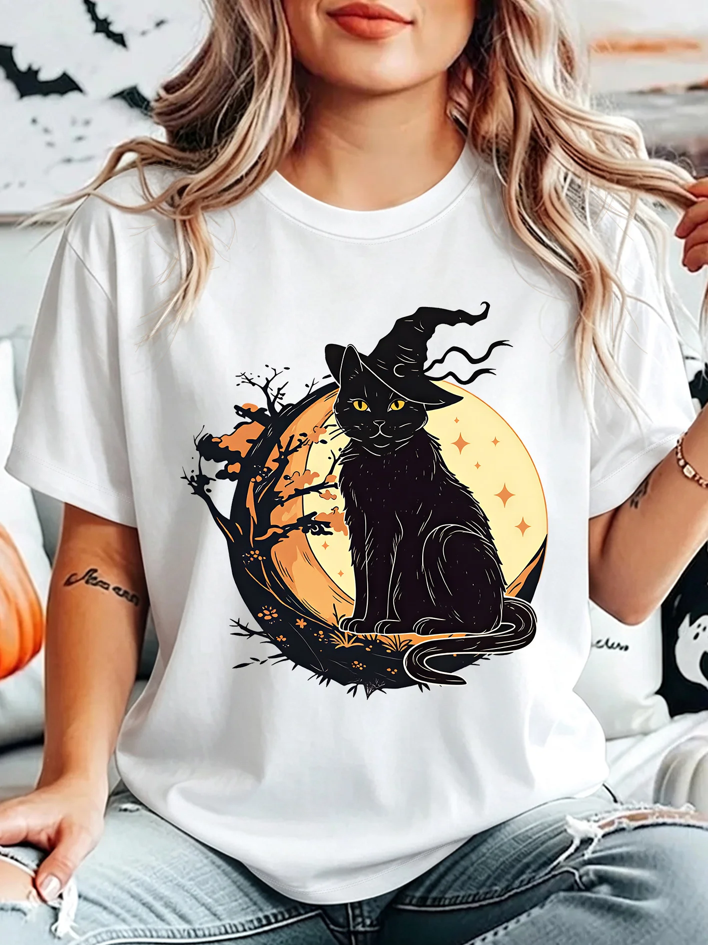 Halloween Black Cat Witch Hat Womens Crew Neck Short Sleeve T Shirt Spooky Moon Star Night Graphic Tees For Ladies Daily Wear