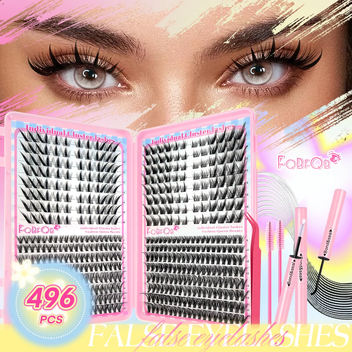 496 Stück-30D/40D Gemischte Stile 8-16mm Gemischte Längen Little Fox D-Kurve Falsche Wimpern Set mit Verlängerungswerkzeug, DIY