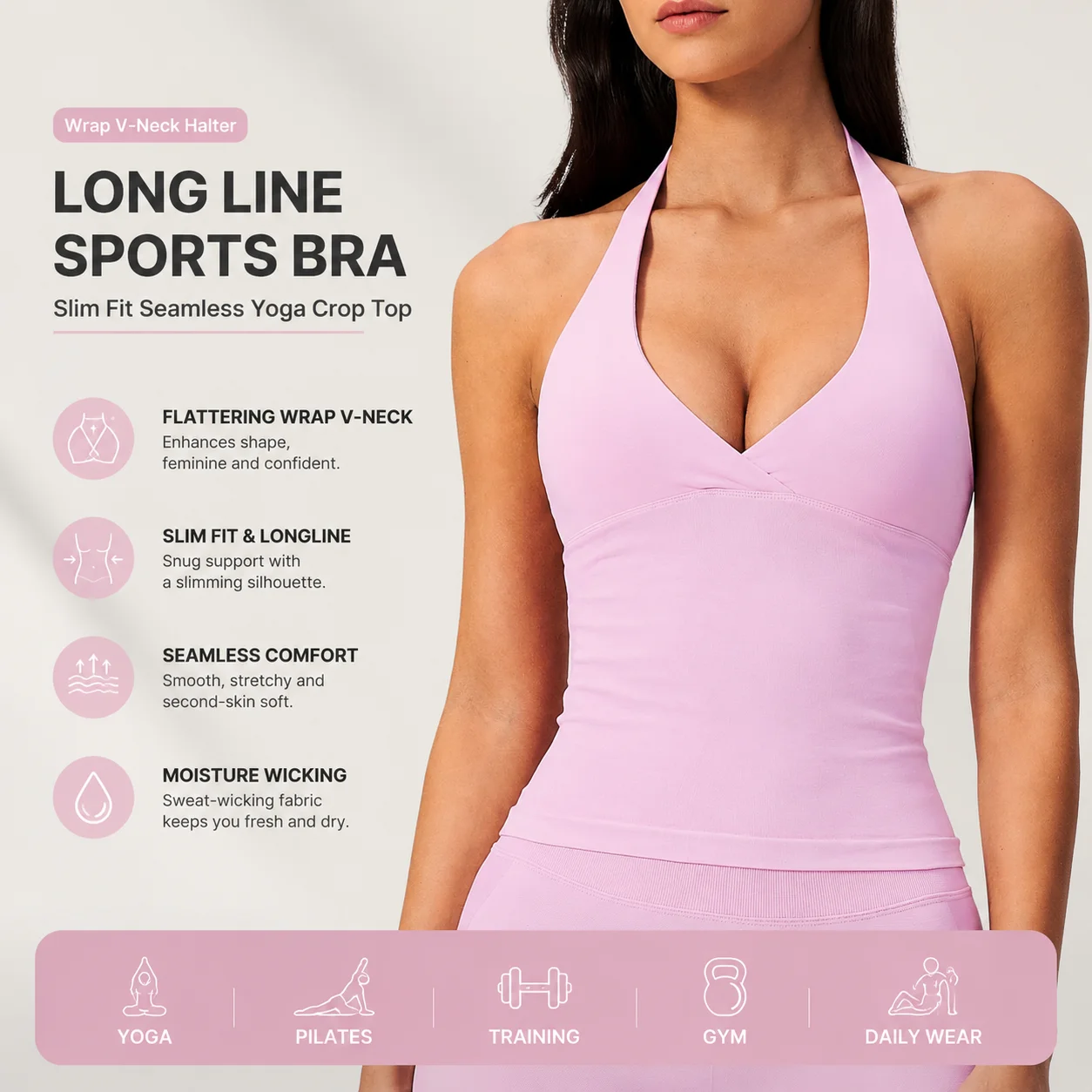 Women's Halter Deep V-Neck Twist-Front Longline Crop Top Padded Seamless Workout Tank with Underbust Seam for Yoga Gym