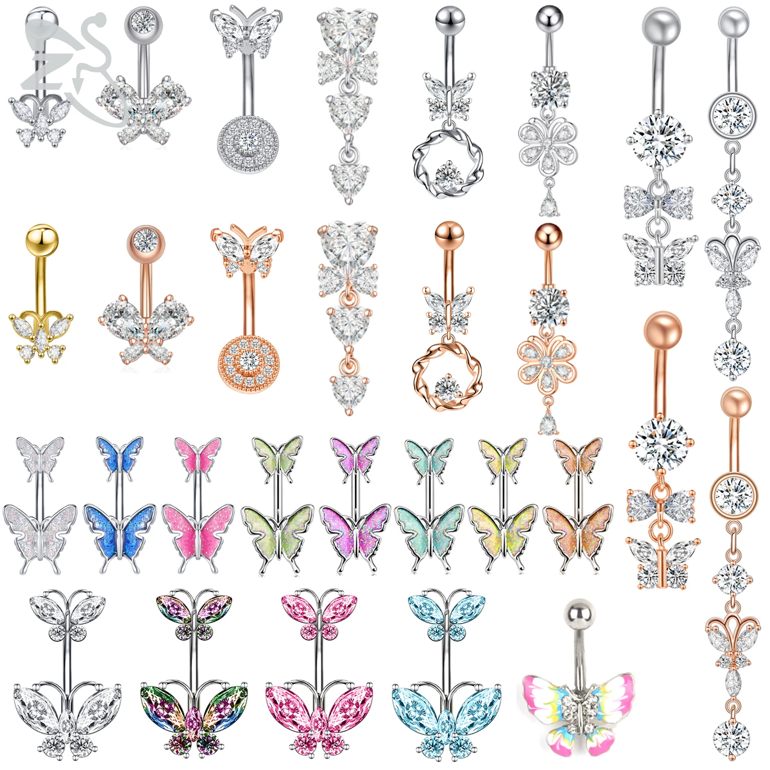 ZS 1 PC Colorful Butterfly Pendant Belly Button Ring Rhinestone Long Drop Pendant Belly Rings 14G Navel Barball Piercing Jewelry