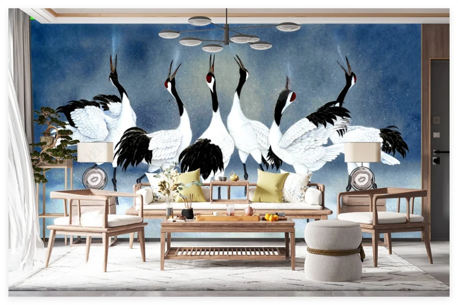 

Custom size mural vintage red-crowned crane hand-painted background walls mural home decoration hanging picture 3d wallpaper　