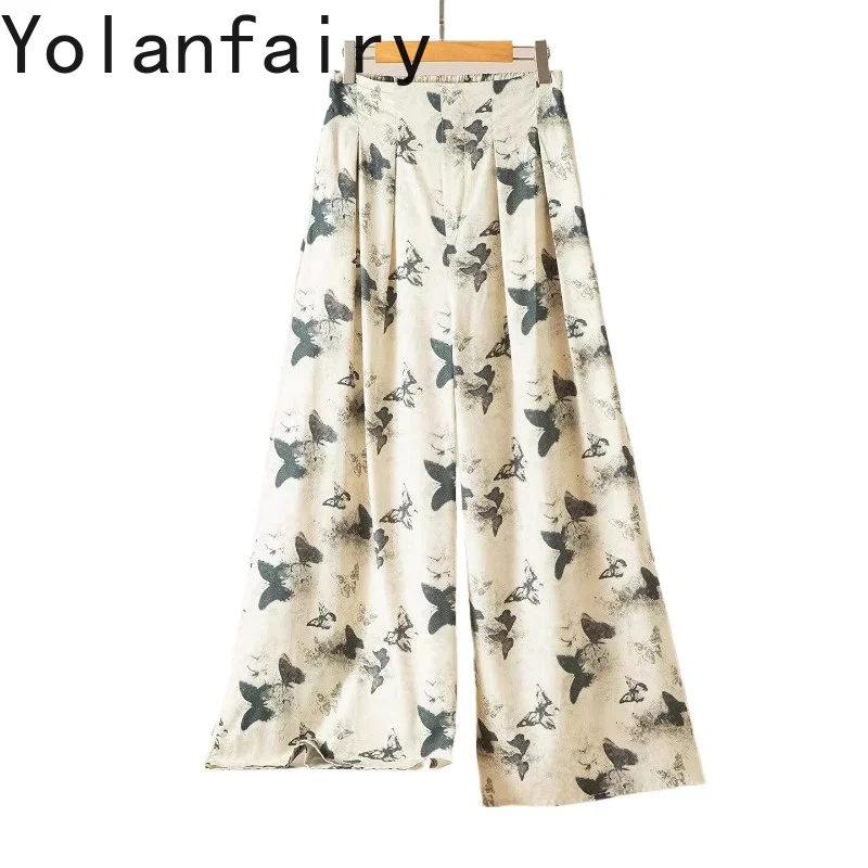

YOLANFAIRY Женские летние брюки из 70% шелка тутового шелкопряда и 30% хлопка с эластичным поясом, широкие брюки с принтом, юбка-брюки