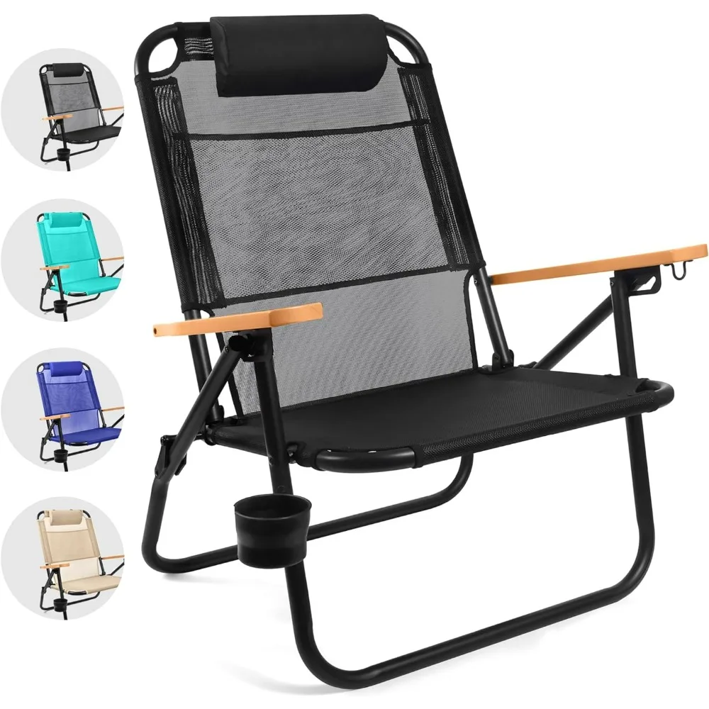 Silla de playa plegable y reclinable para adultos, mochila de aluminio con correas, Premium