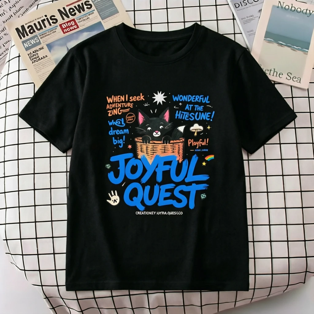 JOYFUL QUEST Black Cat in Basket Graphic T Shirt Men Women Casual Cotton Short Sleeve Funny Cartoon Print Tee Streetwear