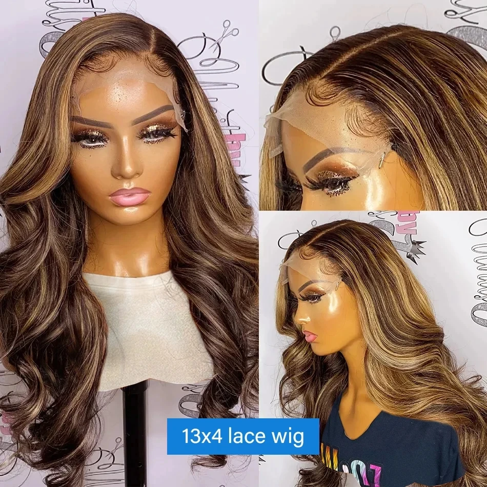 13x6 Wig sorot Hd rambut manusia Ombre madu pirang berwarna 4x4 Wig PENUTUP UNTUK WANITA 34 30 inci 13x4 Wig depan renda gelombang tubuh