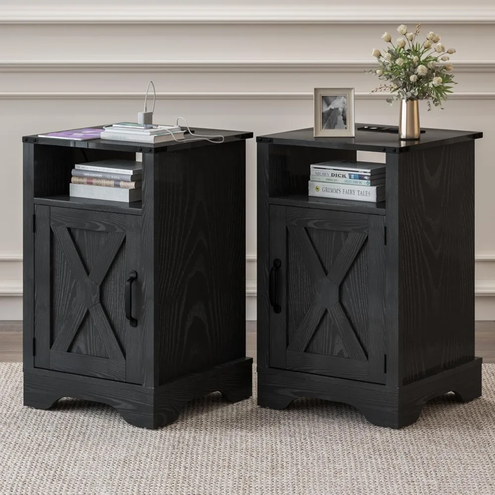 Farmhouse Nightstand Set of 2, Tall Nightstand with Charging Station, Large Wood End Table with Storage, Black Bedside Table fo