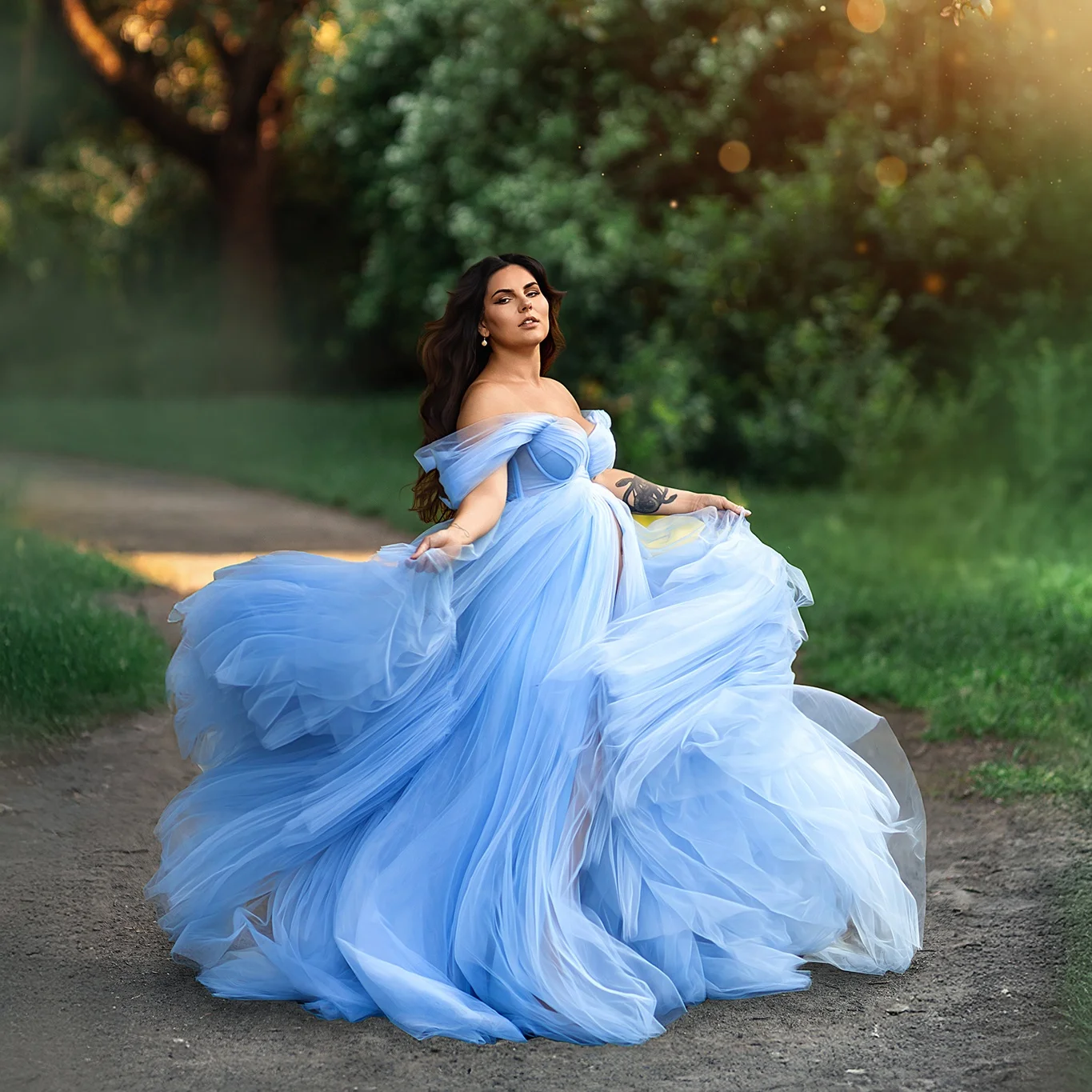 

Романтическое синее платье для беременных, милое тюлевое платье с открытыми плечами для фотосессии, халаты по индивидуальному заказу, платья для детского душа с разрезом