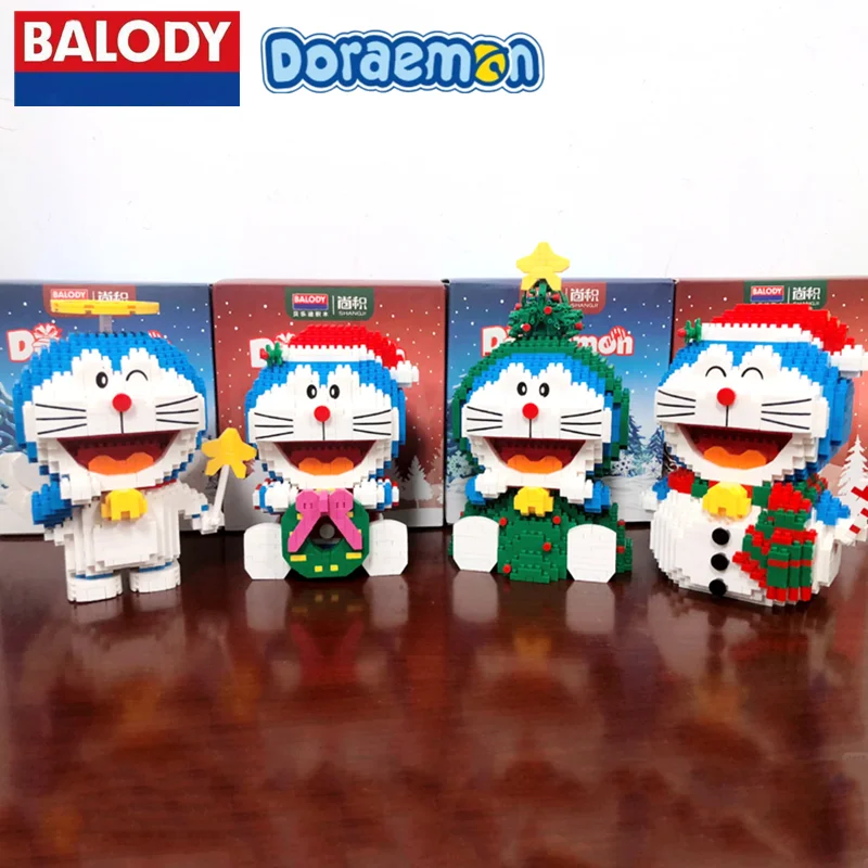 BALODY Doraemon building blocks cos Christmas tree snowman model Kawaii difficult small particle assembly children's toys