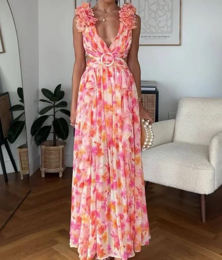 Saia longa sem encosto feminina, elegante vestido Y2K com alça, temperamento para pendulares, nova estampa de moda, verão 2022