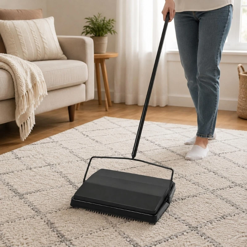 Manual Carpet Sweeper Cleaning Tool with Visible Bottom and Brushes for Routine Pickup of Dust, Hair, and Small Loose KXRE