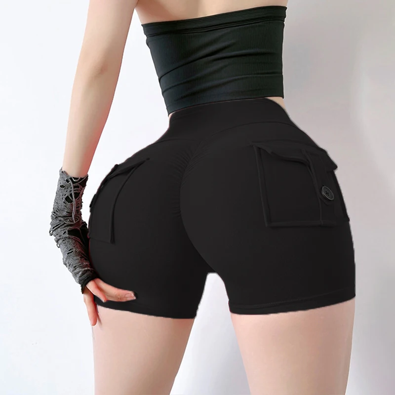 Yoga Shorts com bolso para mulheres, calças justas de cintura alta, nádegas fitness, leggings de treino, roupas de ginástica push up, shorts de ciclismo