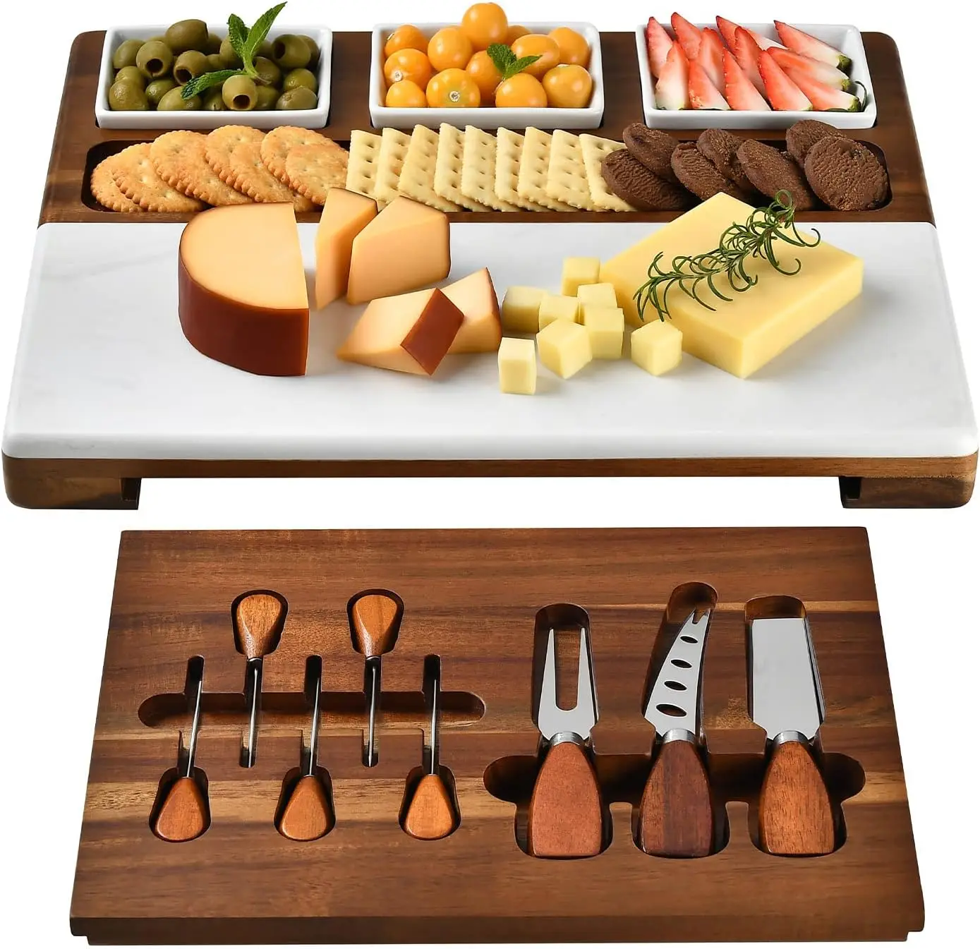 

Marble Cheese Board Set with 3 Ceramic Bowls - Stainless Steel Cutlery Set, Charcuterie Board Set & Gift for Any Occasion