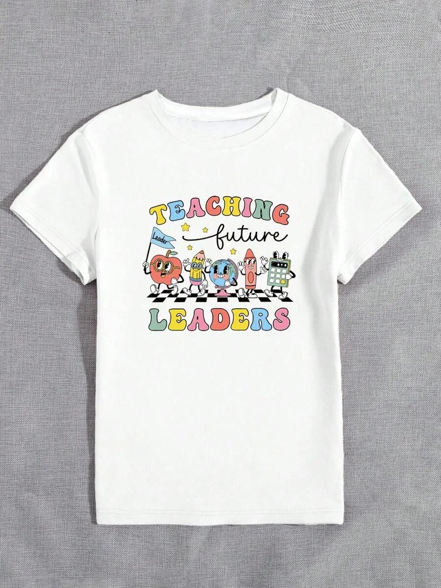 Plus - Size Teacher - themed Graphic Tee, White Short - Sleeve with “TEACHING future LEADERS” Print